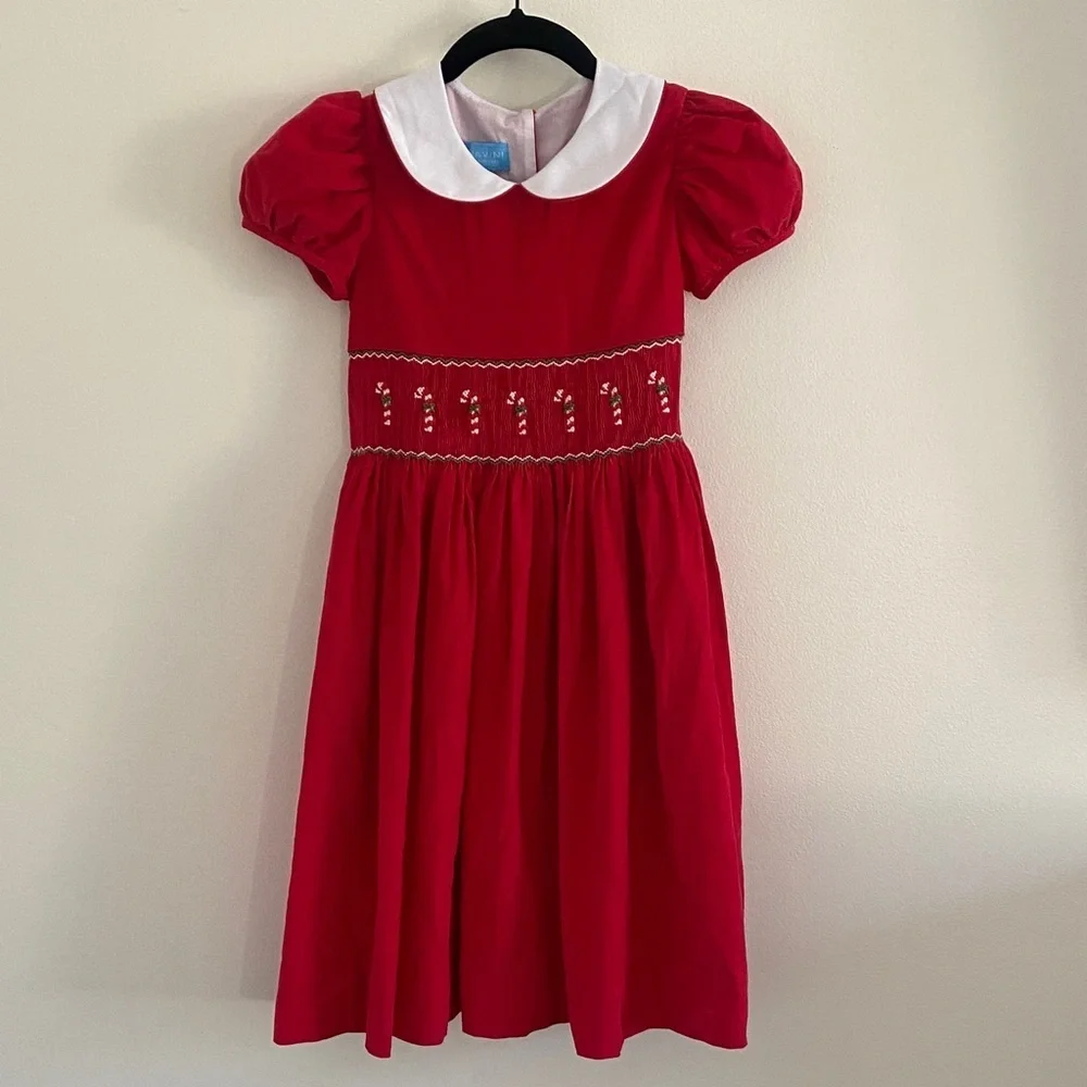 Anavini Handsmocked Girls Corduroy Christmas Candy Cane Dress with Tie Red 8